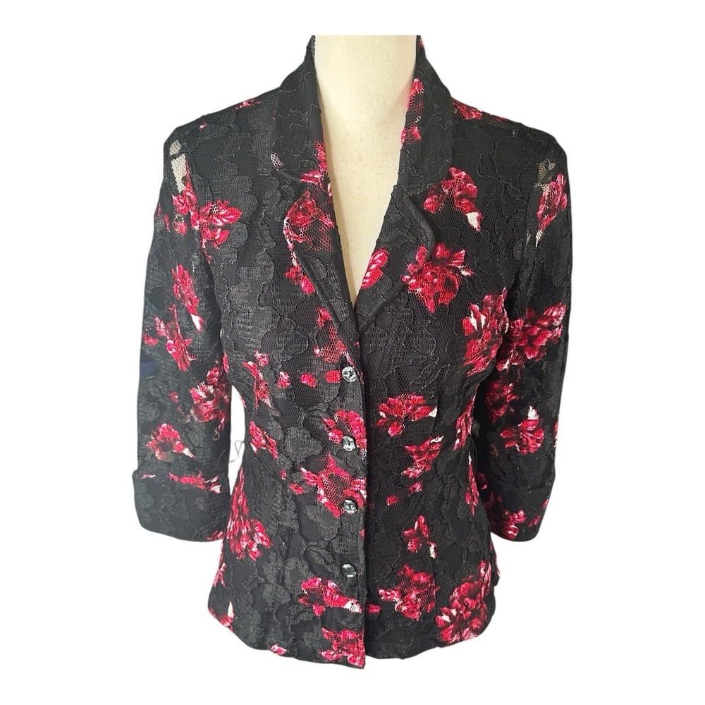 INC International Concepts Black Lace Blazer with Pink-Red Floral Accents